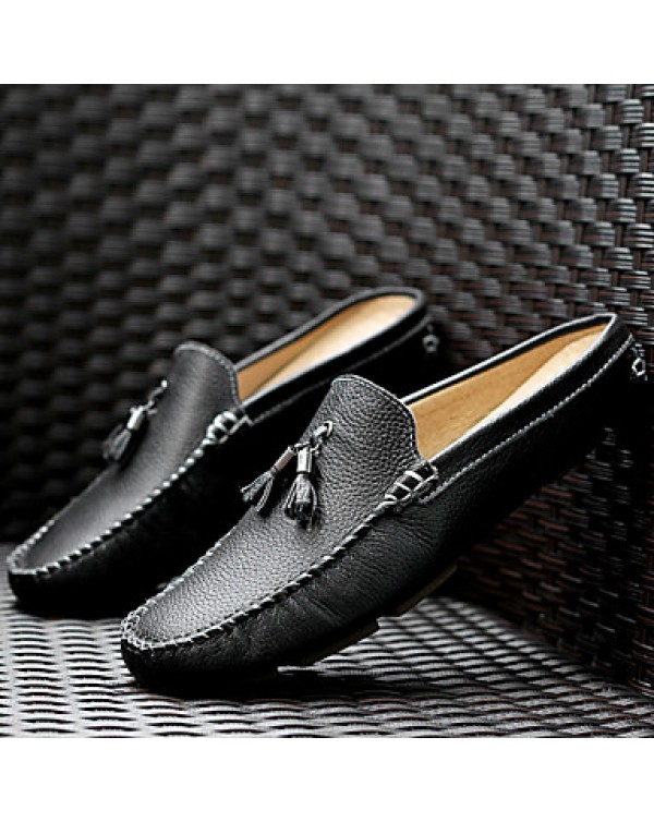 Men's Shoes Leather Casual Clogs & Mules Casual Stitching Lace / Tassel / Slip-on Black / Blue / Brown / White  