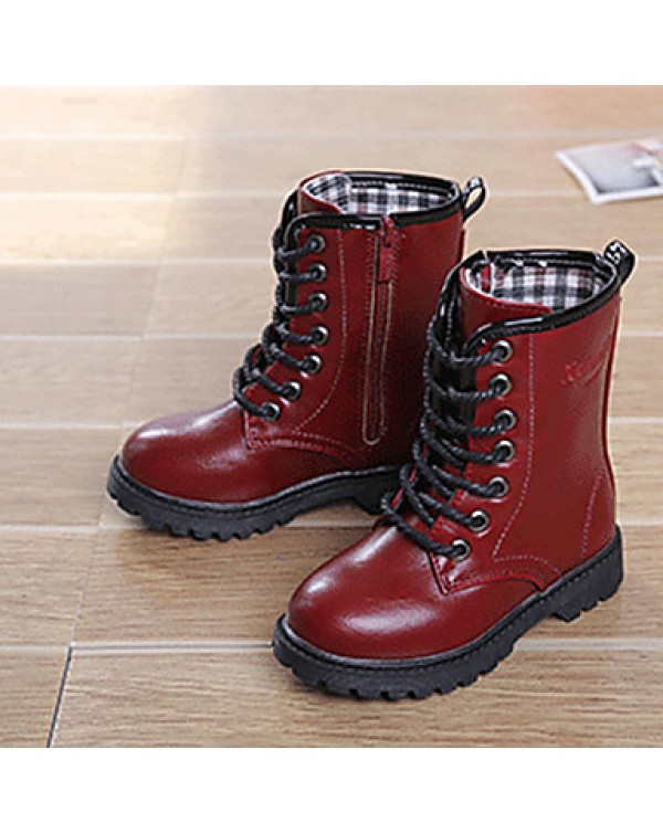 Girl's Boots Fall / Winter Snow Boots / Comfort PU Dress / Casual Flat Heel Zipper Black / Red / Burgundy Walking  